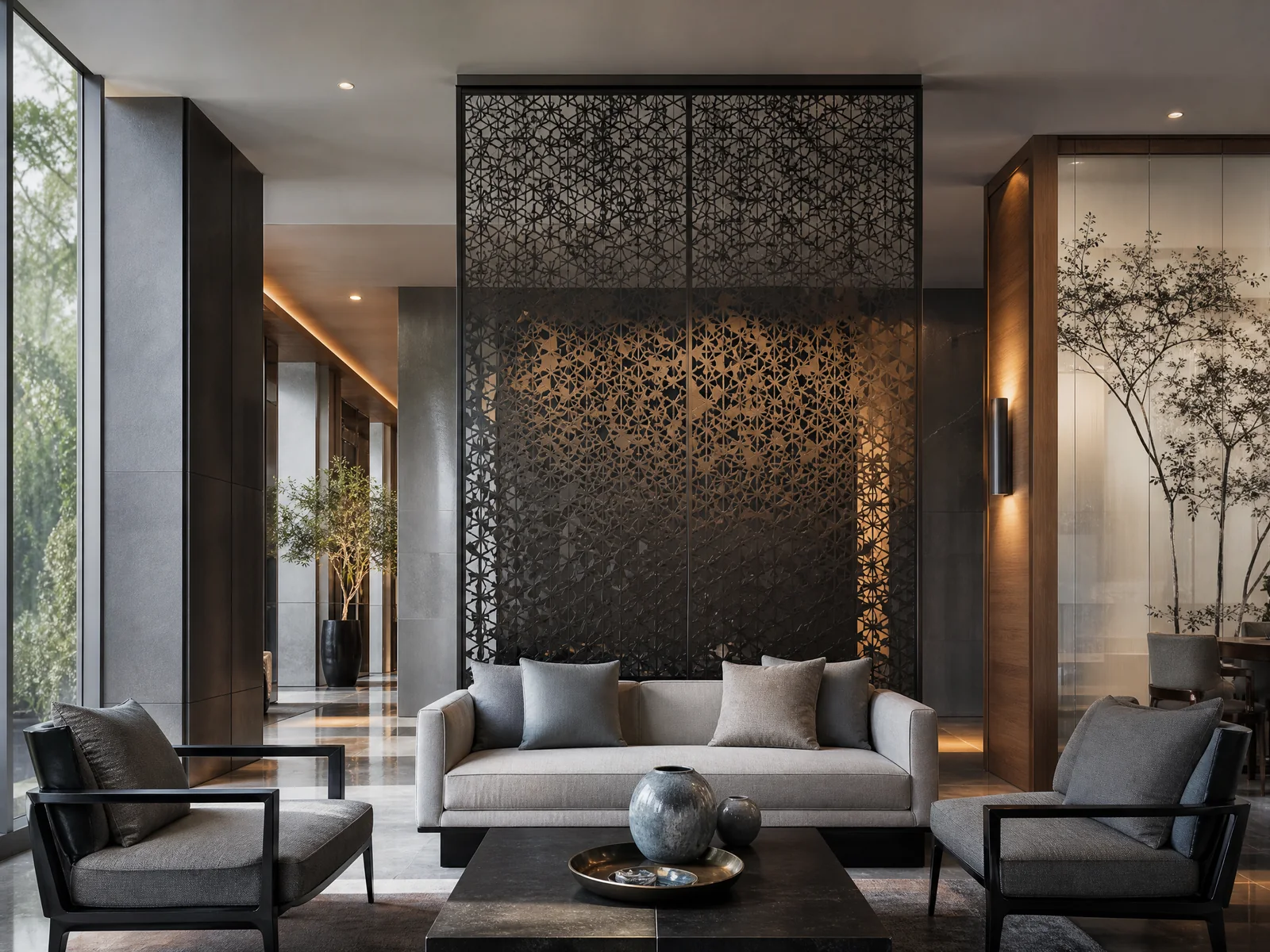 Interno architettonico di pregio con pannelli e dettagli personalizzati