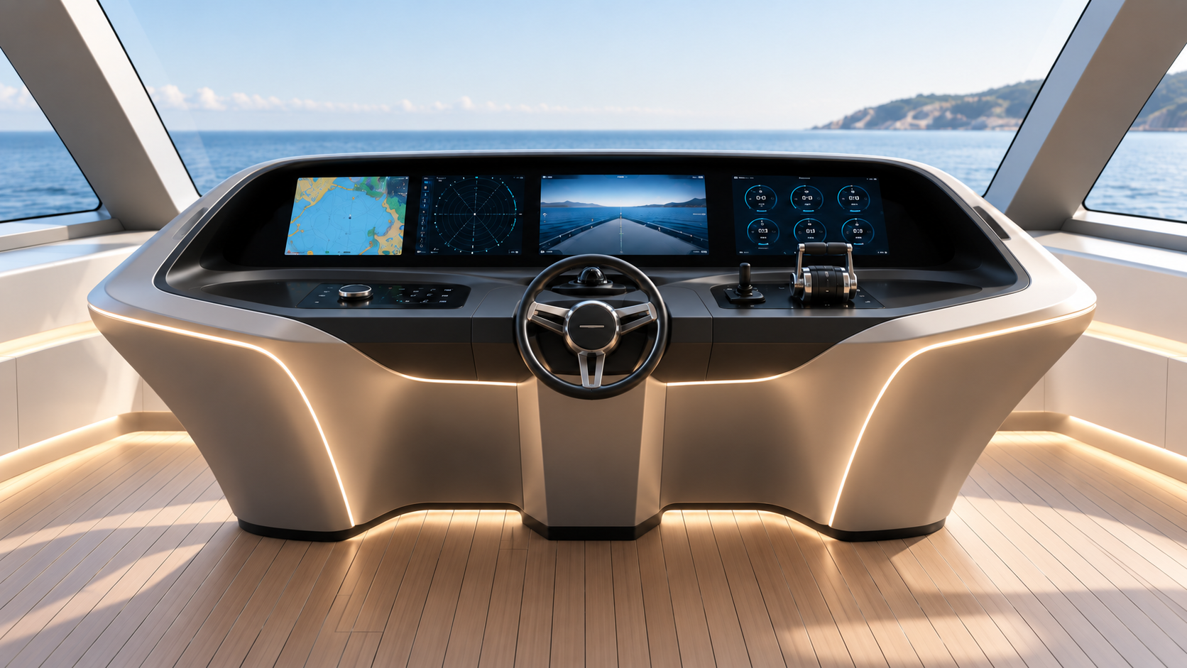 Plancia di comando di yacht in finitura metallica con display di navigazione e timone centrale