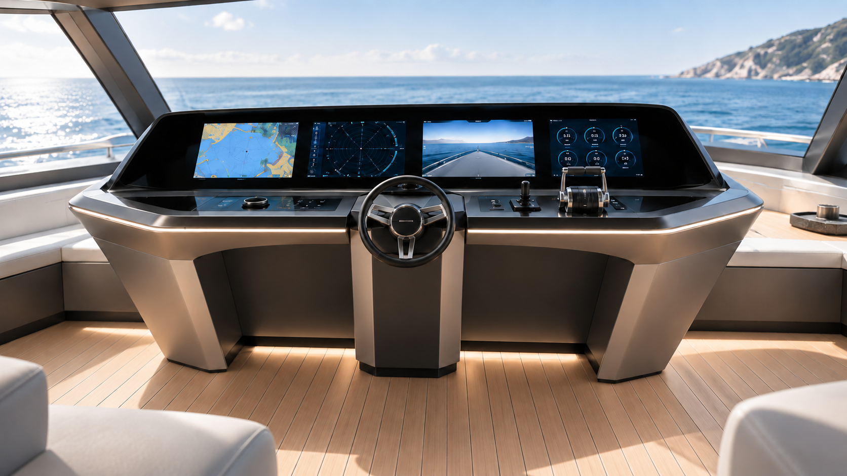 Plancia di comando di uno yacht con schermi di navigazione, timone e vista sul mare